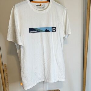 Timberland White Short-Sleeve Tee with Blue Graphic Stripe